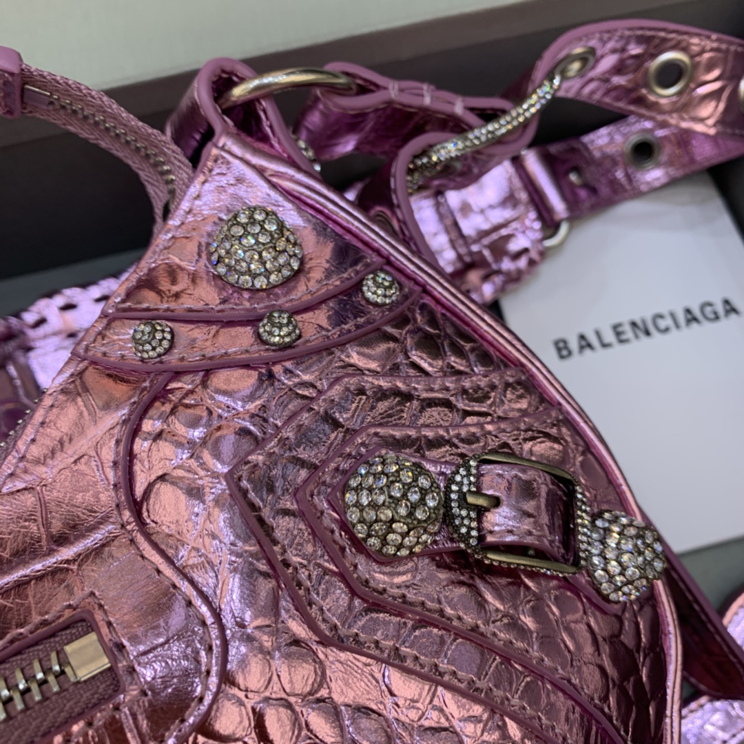 Balenciaga Le Cagole Small Shoulder Bag Crocodile Embossed Rhinestones Purple 